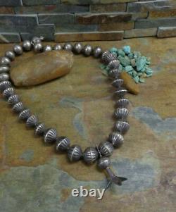 #1 Early Handmade Navajo Squash Blossom Ingot Silver Fluted Bench Bead Necklace
