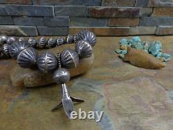 #1 Early Handmade Navajo Squash Blossom Ingot Silver Fluted Bench Bead Necklace