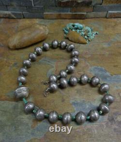 #1 Early Navajo Ingot Silver Green Heishi Turquoise Stamped Bench Bead Necklace