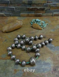#1 Early Navajo Ingot Silver Green Heishi Turquoise Stamped Bench Bead Necklace
