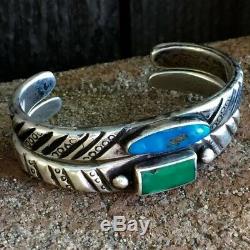 1880s Early Navajo Native American Turquoise Silver Ingot Chiseled Cuff Bracelet