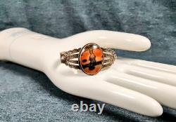 1900s Native American Sterling Silver Petrified Wood Cuff Bracelet Fred Harvey