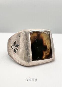 1930's Early Navajo Sterling Silver Faux Tortoise Shell Flush Inlay Stamped Ring