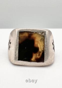 1930's Early Navajo Sterling Silver Faux Tortoise Shell Flush Inlay Stamped Ring