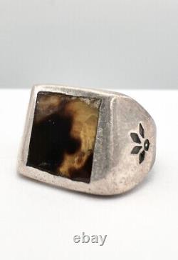 1930's Early Navajo Sterling Silver Faux Tortoise Shell Flush Inlay Stamped Ring