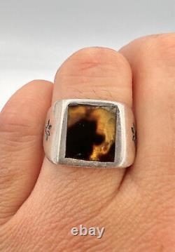 1930's Early Navajo Sterling Silver Faux Tortoise Shell Flush Inlay Stamped Ring