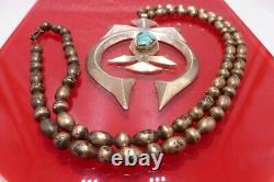1940 Early Navajo Tufa Cast Naja Pendant Morenci Turquoise On Silver Beads