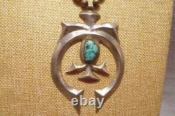 1940 Early Navajo Tufa Cast Naja Pendant Morenci Turquoise On Silver Beads