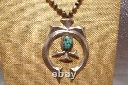 1940 Early Navajo Tufa Cast Naja Pendant Morenci Turquoise On Silver Beads