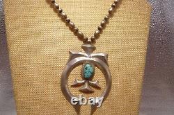 1940 Early Navajo Tufa Cast Naja Pendant Morenci Turquoise On Silver Beads