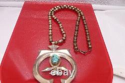 1940 Early Navajo Tufa Cast Naja Pendant Morenci Turquoise On Silver Beads