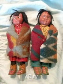 2 Antique Native American Indian SKOOKUMS Dolls Rare Early Label 1915-1920