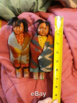 2 Antique Native American Indian SKOOKUMS Dolls Rare Early Label 1915-1920