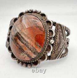 2 Early Fred Harvey Era Navajo Sterling Silver Petrified Wood Cuff Bracelet 87g