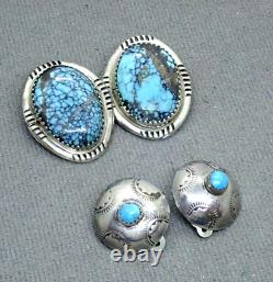 2 Southwestern Native American Navajo Turquoise Sterling Silver Clip Earrings