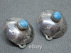 2 Southwestern Native American Navajo Turquoise Sterling Silver Clip Earrings
