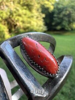 77g Vtg Early Navajo Native American Turqouise & Coral Sterling Cuff OLD PAWN