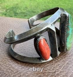 77g Vtg Early Navajo Native American Turqouise & Coral Sterling Cuff OLD PAWN