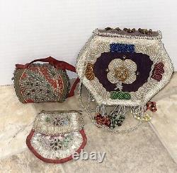ANTIQUE EARLY 1900's Native American Beaded Box Shaped Purses Lot Of 3