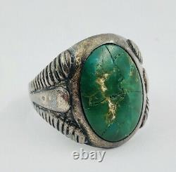 ANTIQUE EARLY 1900s DARK GREEN CERRILLOS TURQUOISE NAVAJO INGOT COIN SILVER RING