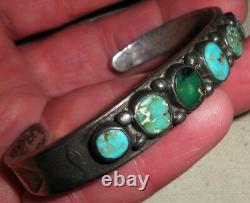 ANTIQUE EARLY NAVAJO TURQUOISE COIN SILVER BRACELET CLASSIC STAMPWORK vafo