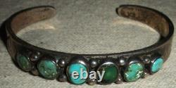 ANTIQUE EARLY NAVAJO TURQUOISE COIN SILVER BRACELET CLASSIC STAMPWORK vafo