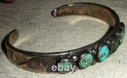 ANTIQUE EARLY NAVAJO TURQUOISE COIN SILVER BRACELET CLASSIC STAMPWORK vafo