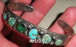 ANTIQUE EARLY NAVAJO TURQUOISE COIN SILVER BRACELET CLASSIC STAMPWORK vafo