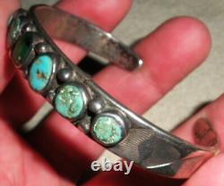 ANTIQUE EARLY NAVAJO TURQUOISE COIN SILVER BRACELET CLASSIC STAMPWORK vafo