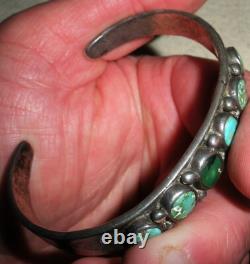 ANTIQUE EARLY NAVAJO TURQUOISE COIN SILVER BRACELET CLASSIC STAMPWORK vafo