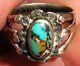 Antique Early Navajo Turquoise Sterling Silver Ring Size 9 Nice Stampwork Vafo