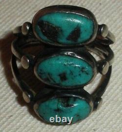 ANTIQUE EARLY NAVAJO TURQUOISE STOPLIGHT RING STERLING SILVER SIZE 5 vafo