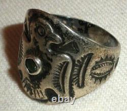 ANTIQUE EARLY NAVAJO TURQUOISE THUNDERBIRD STERLING SILVER RING SIZE 8 vafo