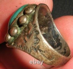 ANTIQUE EARLY NAVAJO TURQUOISE WHIRLING LOG STERLING SILVER RING SIZE 9 vafo