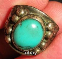 ANTIQUE EARLY NAVAJO TURQUOISE WHIRLING LOG STERLING SILVER RING SIZE 9 vafo