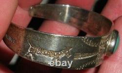 ANTIQUE NAVAJO TURQUOISE EARLY HORSE & ARROW STAMP STERLING SILVER BRACELET vafo