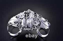 All Silve Feather & Flowers Intricate Silver Bracelet By Harry B Yazzie 1G22F