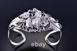 All Silve Feather & Flowers Intricate Silver Bracelet By Harry B Yazzie 1G22F