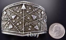 All Silver Many Arrows Navajo Tufacast Bracelet by Delbert Arviso 1B08R