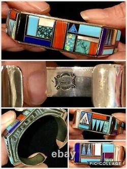 Amazing Intarsia Gemstone & Sterling Native American Jm Stamped Cuff Bracelet