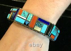 Amazing Intarsia Gemstone & Sterling Native American Jm Stamped Cuff Bracelet