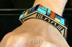 Amazing Intarsia Gemstone & Sterling Native American Jm Stamped Cuff Bracelet