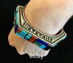 Amazing Intarsia Gemstone & Sterling Native American Jm Stamped Cuff Bracelet