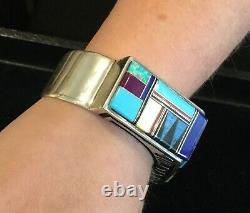 Amazing Intarsia Gemstone & Sterling Native American Jm Stamped Cuff Bracelet