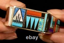 Amazing Intarsia Gemstone & Sterling Native American Jm Stamped Cuff Bracelet