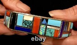 Amazing Intarsia Gemstone & Sterling Native American Jm Stamped Cuff Bracelet