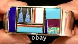 Amazing Intarsia Gemstone & Sterling Native American Jm Stamped Cuff Bracelet