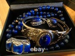 Amazing Vintage Navajo Lapis Sterling Silver Bracelet Plus Other Matching Pcs