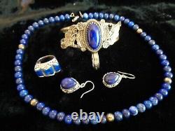 Amazing Vintage Navajo Lapis Sterling Silver Bracelet Plus Other Matching Pcs