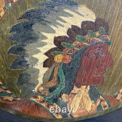 Antique 1900s Flemish Art Co Native American Indian Chief Pyrography Wall Plaque